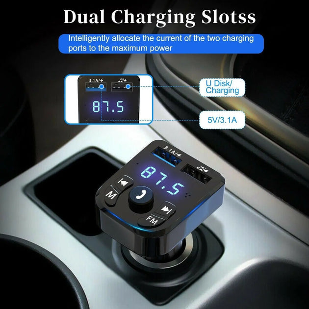 Wireless Car Bluetooth FM Transmitter with Dual USB Charger - Hands-Free Calling & Music Streaming - MINIGRID