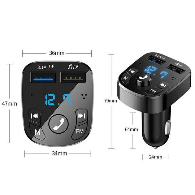 Wireless Car Bluetooth FM Transmitter with Dual USB Charger - Hands-Free Calling & Music Streaming - MINIGRID