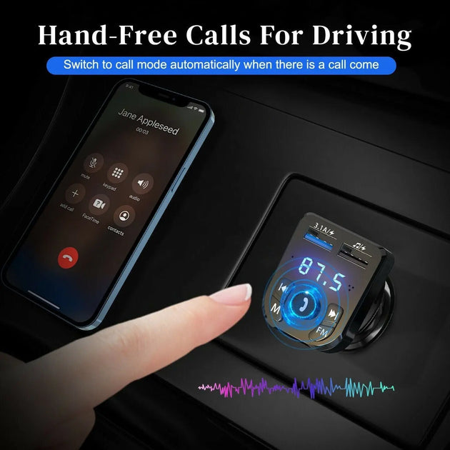 Wireless Car Bluetooth FM Transmitter with Dual USB Charger - Hands-Free Calling & Music Streaming - MINIGRID