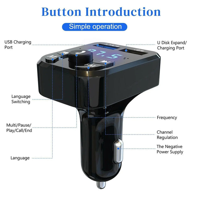 Wireless Car Bluetooth FM Transmitter with Dual USB Charger - Hands-Free Calling & Music Streaming - MINIGRID