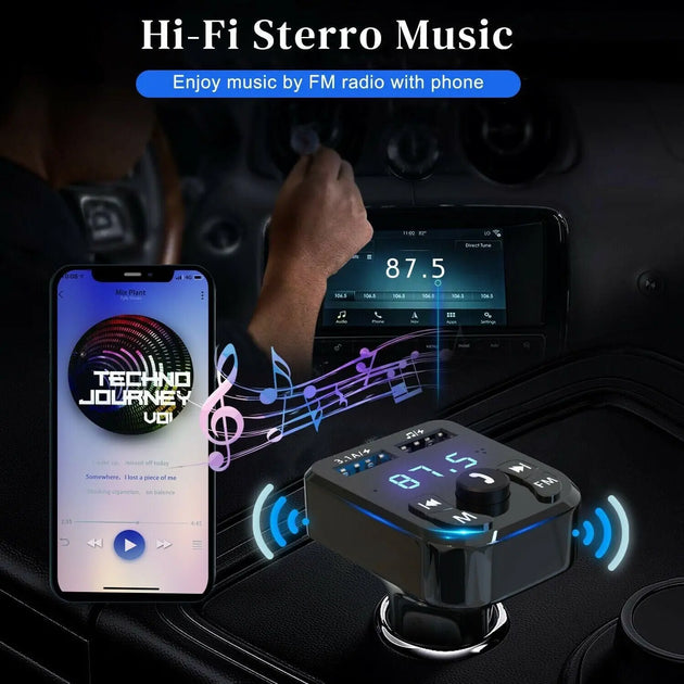 Wireless Car Bluetooth FM Transmitter with Dual USB Charger - Hands-Free Calling & Music Streaming - MINIGRID