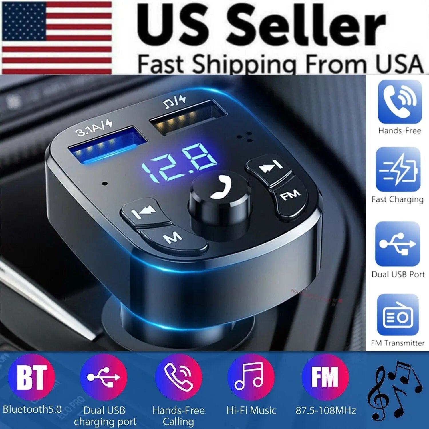 Wireless Car Bluetooth FM Transmitter with Dual USB Charger - Hands-Free Calling & Music Streaming - MINIGRID